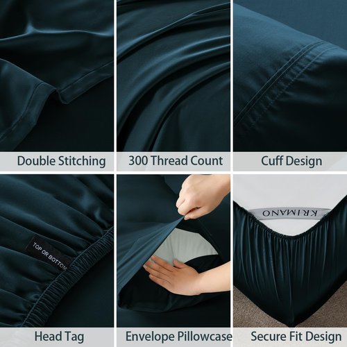 KRIMANO Queen Size Sheet Set, Bamboo Sheets for Bed Set 4pcs, 100% Organic Viscose Derived from Bamboo, Hotel Luxury Silky & Cooling for Hot Sleepers, Deep Pocket Up to 17", Navy Blue