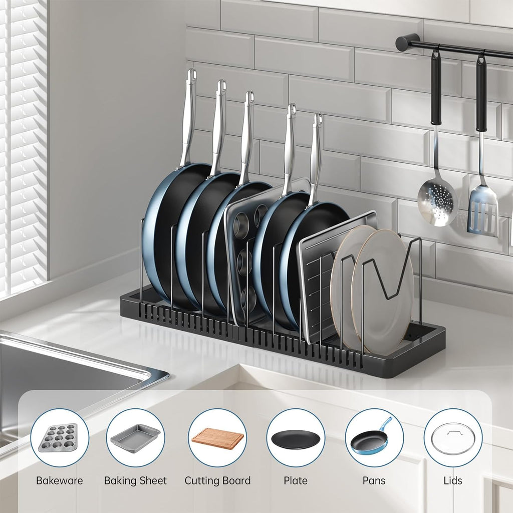 PanPanPal Pots and Pans Organizer - Expandable Under Cabinet Lid Holder with 10 Adjustable Compartments | Black Kitchen Storage Solution