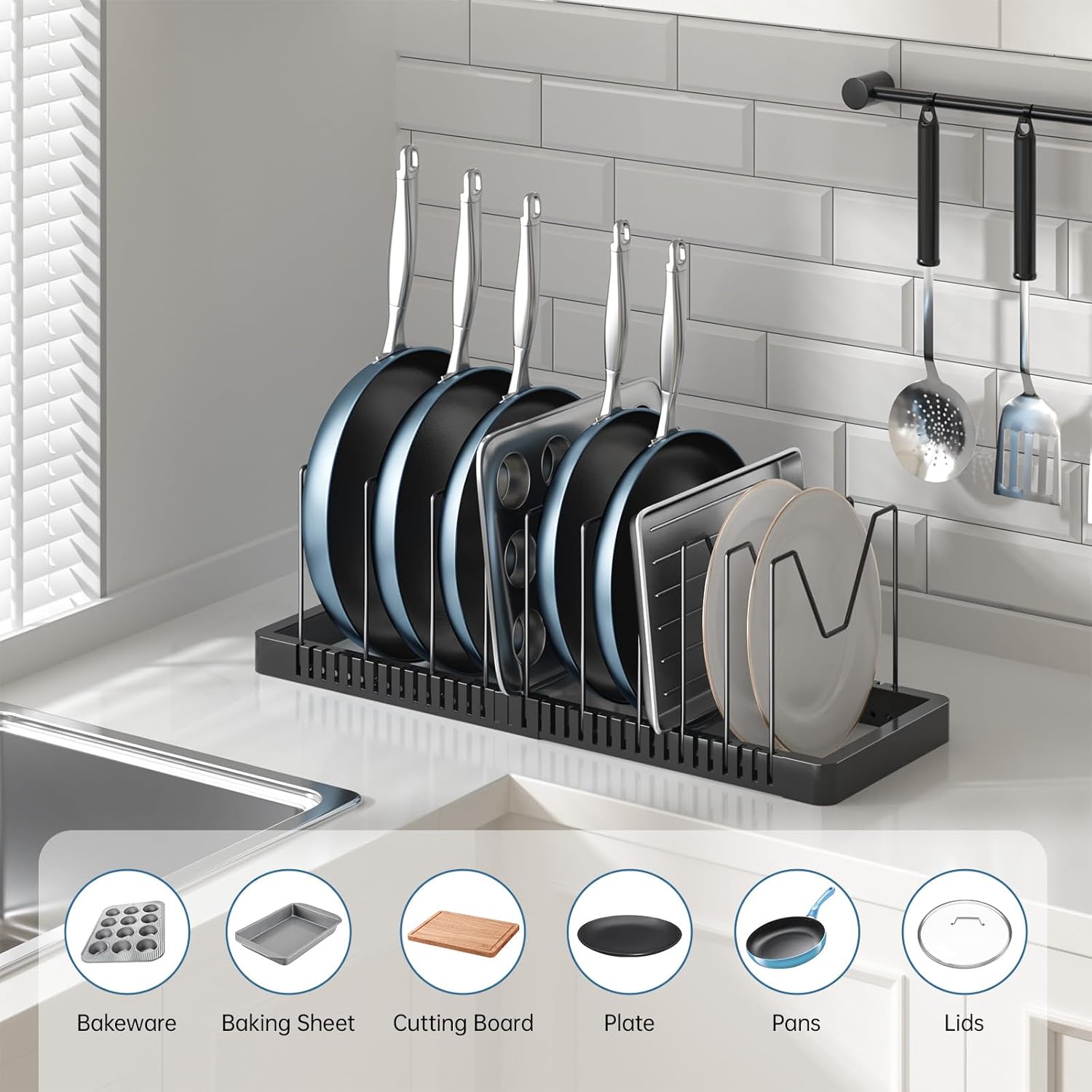 PanPanPal Pots and Pans Organizer - Expandable Under Cabinet Lid Holder with 10 Adjustable Compartments | Black Kitchen Storage Solution