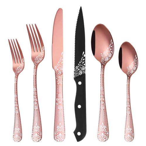 EUIRIO 72-Piece Copper Silverware Set with Steak Knives,Rose Gold Flatware Set for 12,Stainless Steel Tableware Cutlery Set，Kitchen Utensils Spoon and Fork Set with Floral Laser，Dishwasher Safe