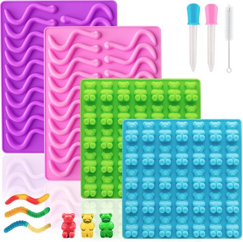 HKUCFTT Large Gummy Bear and Worm Molds Silicone, Food-Grade Non-Stick Candy Molds Fruit Snack Molds BPA-Free with 2 Droppers & 1 Cleaning Brush, Set of 4