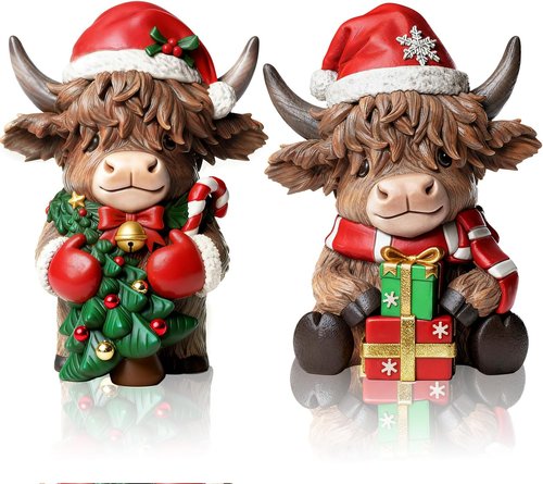 Exasinine Highland Cow Figurines - Festive Christmas Decor with Santa Hat & Candy Cane | 2 Pcs Set