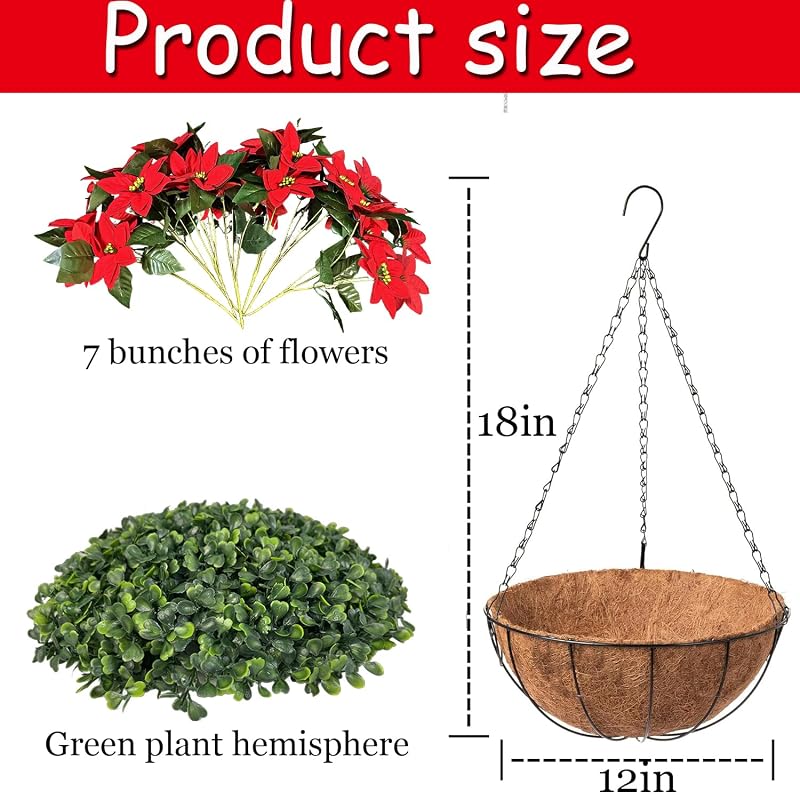 artificial christmas poinsettia hanging baskets 2-pack red flowers