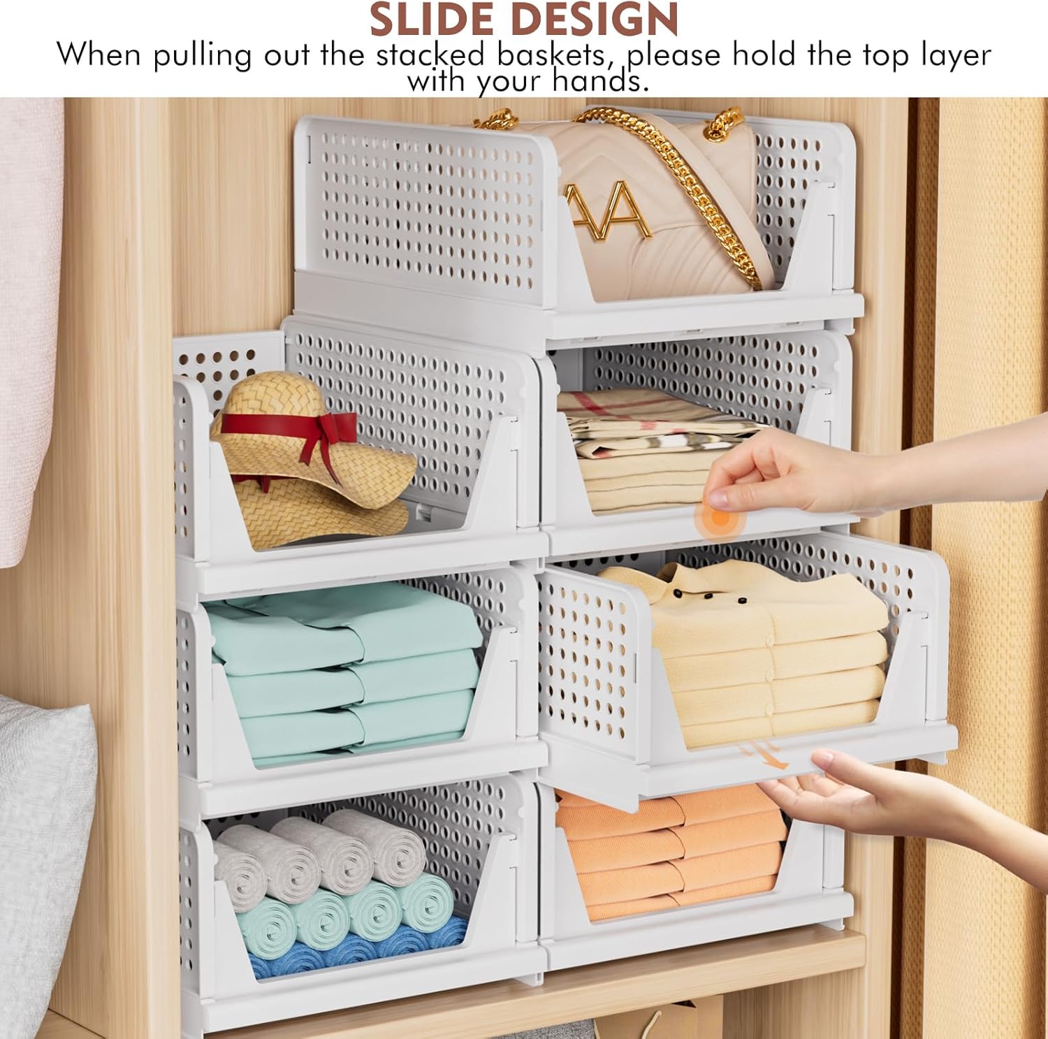 Skiennix Wardrobe Storage Organiser - 5 Pack Stackable Folding Closet Bins | Plastic Drawer Baskets in White