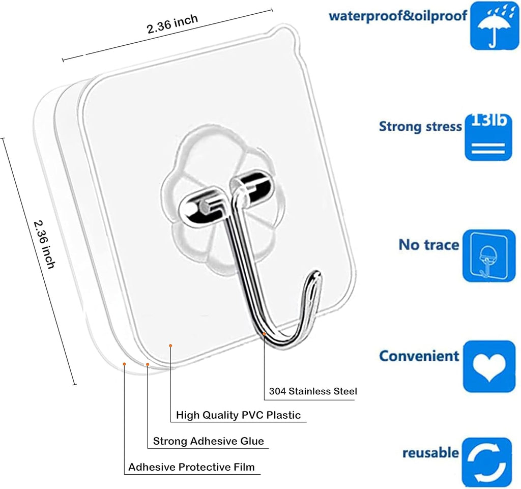 Adhesive Hooks | Heavy-Duty 24-Pack Transparent Wall Hooks - 24lb Max, Waterproof & Nail-Free for Home Use
