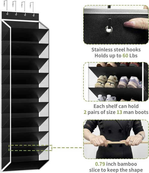 KEEPJOY Over Door Shoe Organizer - 10 Tiers Mesh Storage with Deep Pockets for 20-30 Pairs - Black