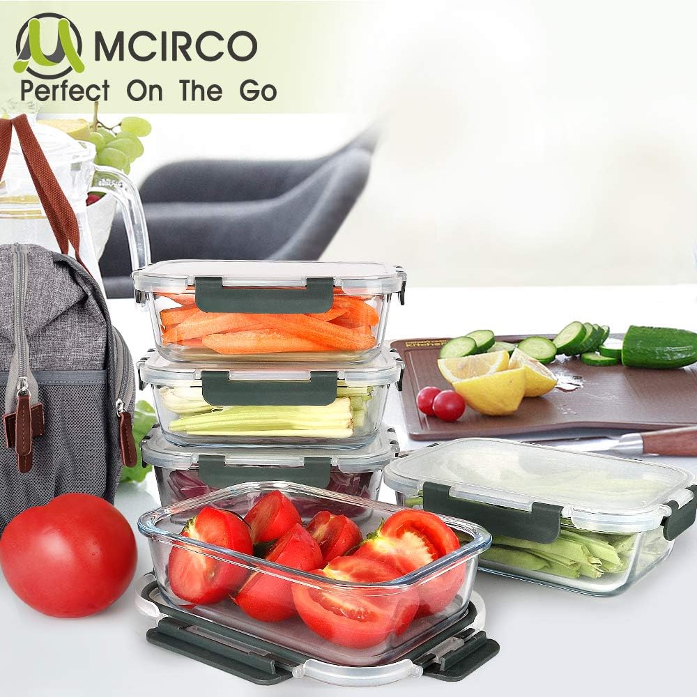 MCIRCO Glass Meal Prep Containers - 5-Pack, 36 Oz Airtight Lunch Containers with Snap Locking Lids | Microwave, Oven, Freezer Safe