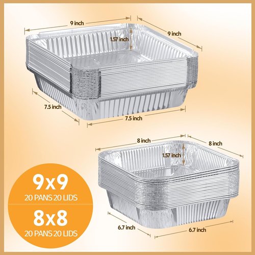 Aluminum Pans Combo Set by [Brand Name] - 40 Pack Disposable Foil Pans with Lids | 9x9 & 8x8 Sizes for Meal Prep & Cooking