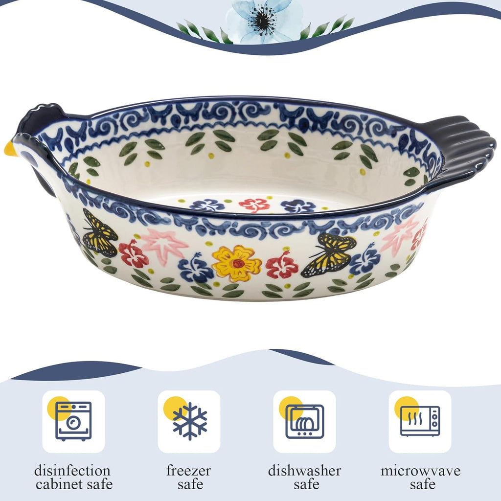 Uiifan 27 Oz Ceramic Casserole Dish - Vintage Chicken Shape Bakeware with Butterfly & Flower Design
