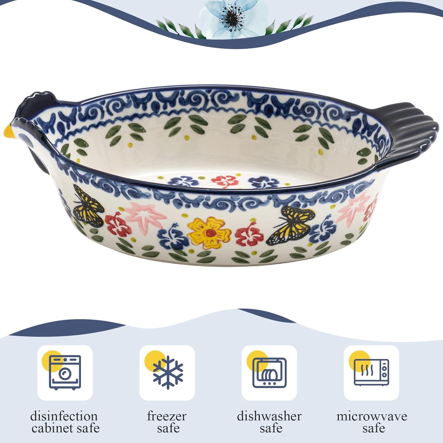 Uiifan 27 Oz Ceramic Casserole Dish - Vintage Chicken Shape Bakeware with Butterfly & Flower Design