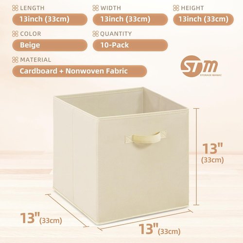 **Storage Maniac 13-Inch Collapsible Storage Cubes - 10-Pack Durable Fabric Bins for Organization | Beige**
