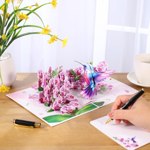 Hummingbird Pop Up Mothers Day Cards, 3D Purple Orchid Birthday Card For Women, Mom, Ideal Gift for Mothers Day, Thank You, Birthday, Thinking of You, All Occasion for Her, Sister, Grandma, Daughter