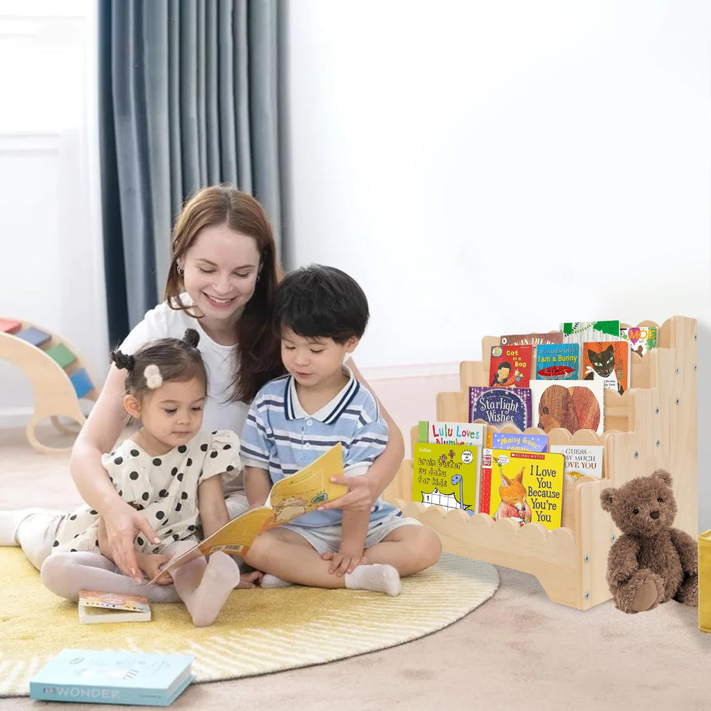 5 Tier Small Wooden Scalloped Shelf for Toddler 1-5 Years, Kids Bookshelf Children Montessori Bookshelf, Durable Baby Toddler Bookcase for Nursery Playroom, 16.9*11.4*15.7"