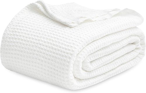 Bedsure Gentlesoft 100% Cotton Blanket - Cooling, Breathable Queen Size Waffle Weave, White, 90x90 Inches