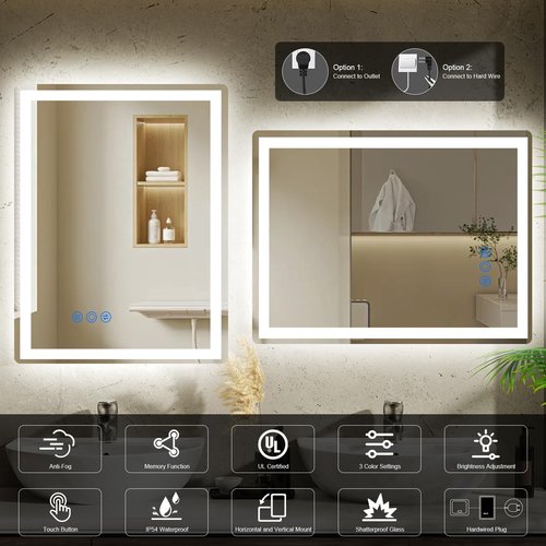 LED Bathroom Mirror 20X28 Makeup Mirror with Lights, Wall-Mounted Vanity Mirrors, Hollywood Lighted Mirror with Stepless Dimmable, Anti-Fog Wall Mirrors Back Front Light Bathroom Mirror (20"x28")