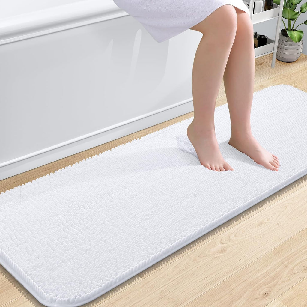 OLANLY Bathroom Runner Rugs - Extra Soft Chenille Bath Mats | 59x20, Quick Dry, Machine Washable, White