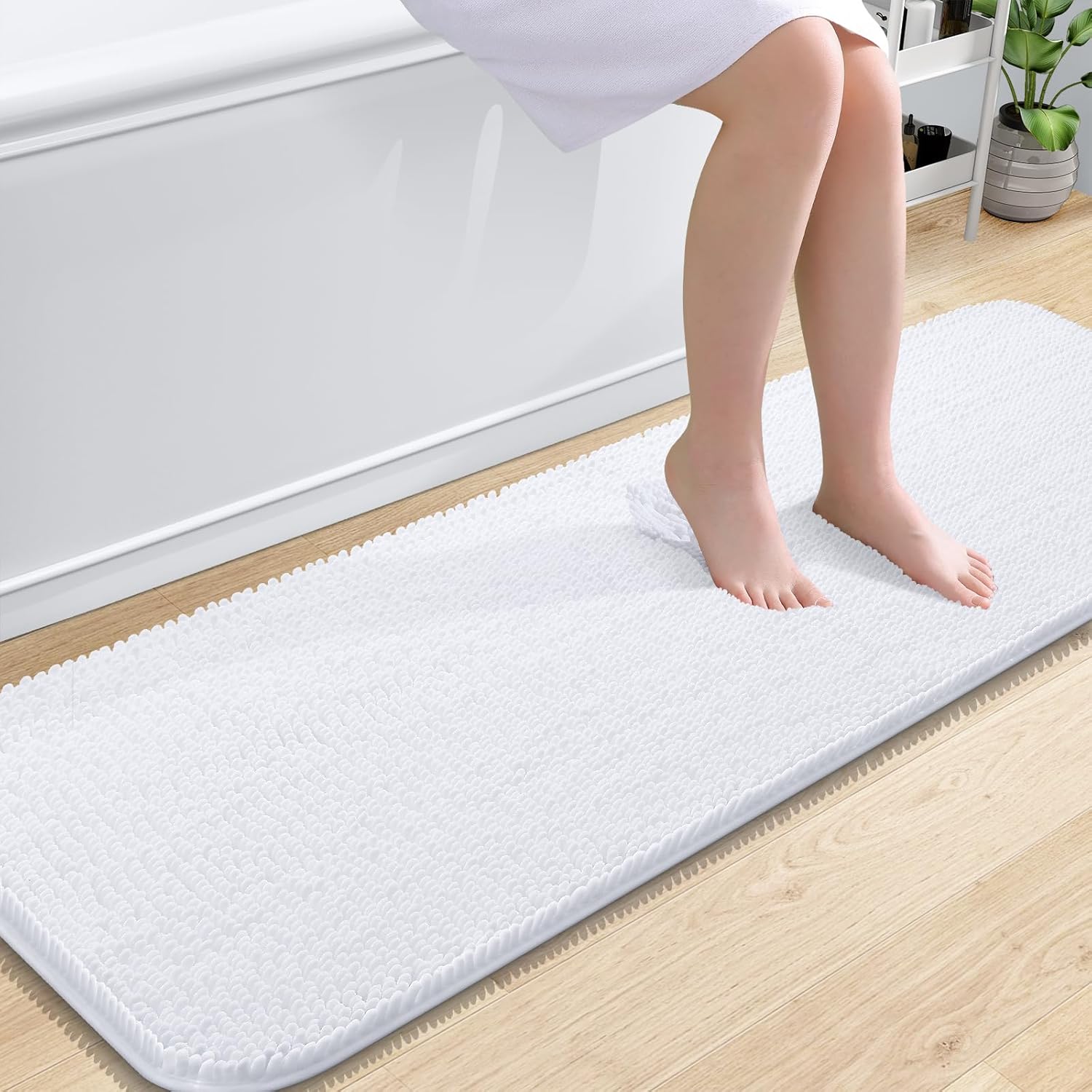 OLANLY Bathroom Runner Rugs - Extra Soft Chenille Bath Mats | 59x20, Quick Dry, Machine Washable, White