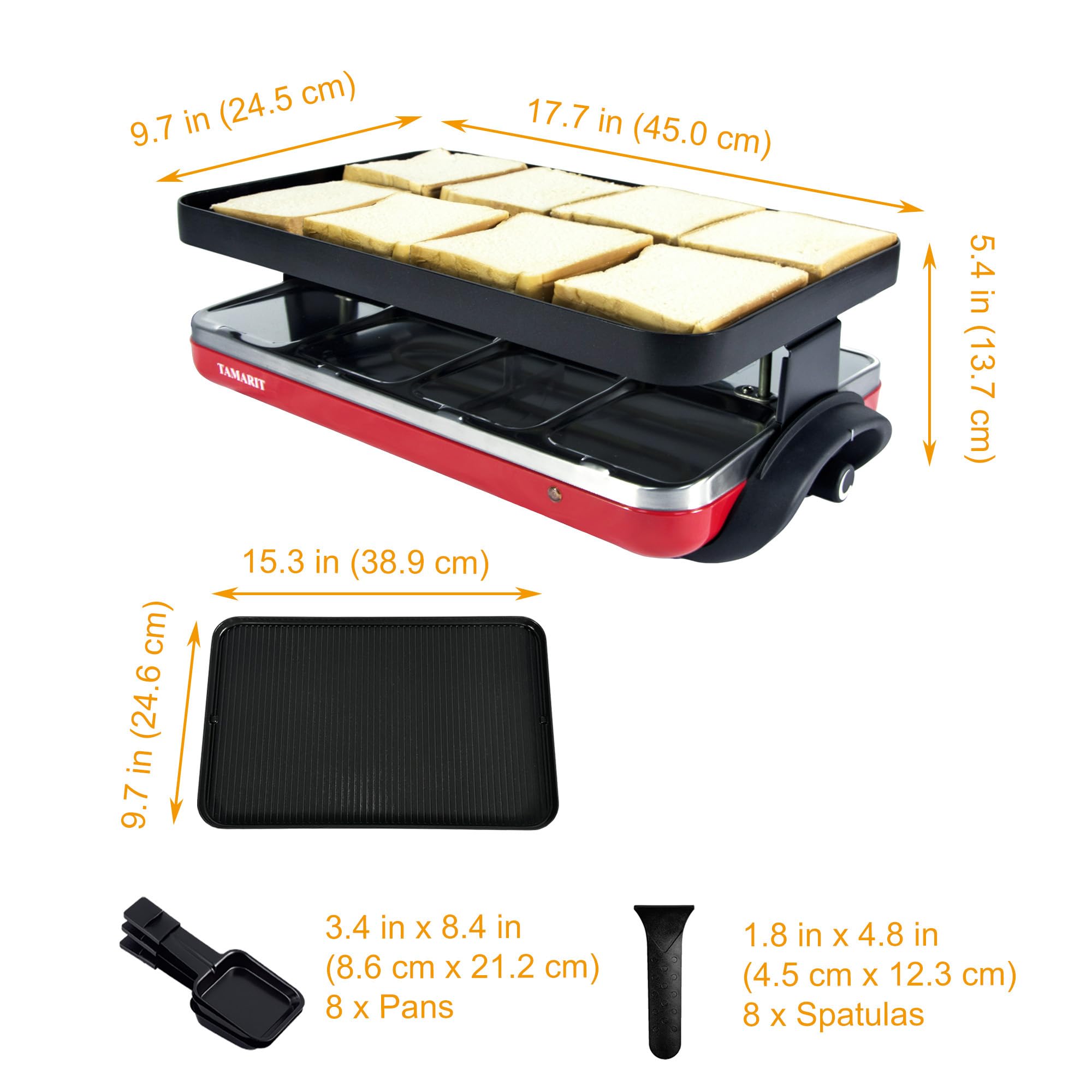 TAMARIT Classic 8 Person Raclette Grill 1500W Electric Tabletop Griddle with Reversible Plate, 8 Non-Stick Cheese Trays and Spatulas Indoor Portable Korean BBQ Barbecue Party Grill Red