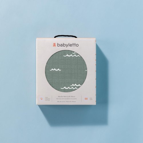 Babyletto 100% Organic Cotton Mini Crib Sheet, GOTS-Certified, Fitted 360°, Ultra-Soft and Breathable Muslin - Ocean Waves