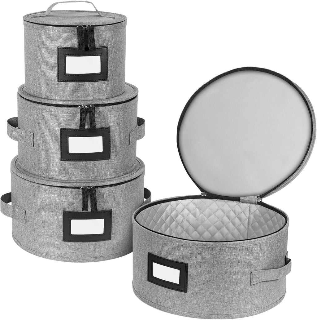 BALEINE Quilted Wine Glass Storage Containers - Sturdy Plate Organizer with Carry Handles | Hard Shell Grey