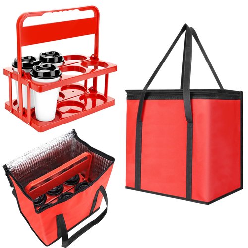 LEIFEOSH Reusable 6 Cup Drink Carrier with Handle and Insulated Bag for Hot and Cold Drink/Food, Foldable Plastic Cup Holder and Large Capacity Insulated Food Bag for Travel and Delivery, Red