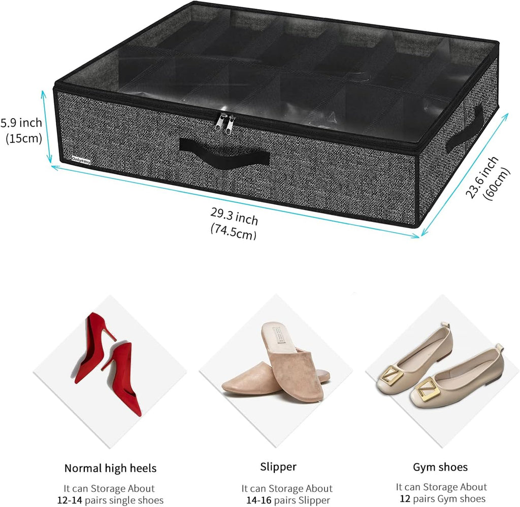 Onlyeasy Under Bed Shoe Storage Organizer - 4 Pack for 12 Pairs | Sturdy, Breathable Black Bags