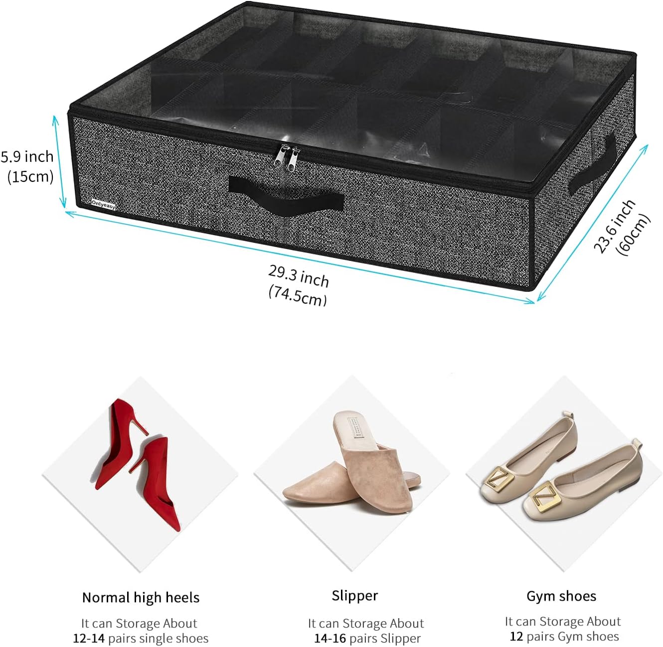Onlyeasy Under Bed Shoe Storage Organizer - 4 Pack for 12 Pairs | Sturdy, Breathable Black Bags