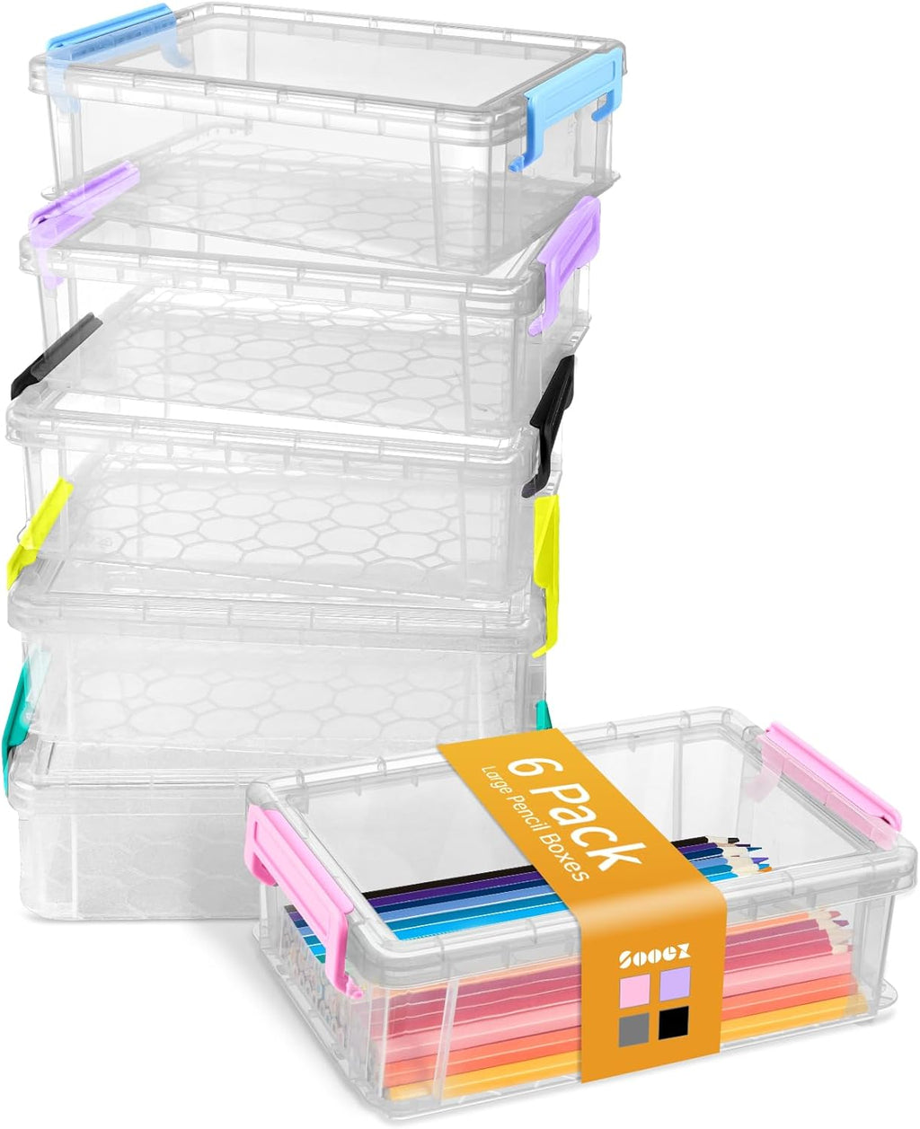 Sooez Extra Large Pencil Box Set - Clear Plastic Crayon Organizer with Lid | 6 Pack for Art & School Supplies