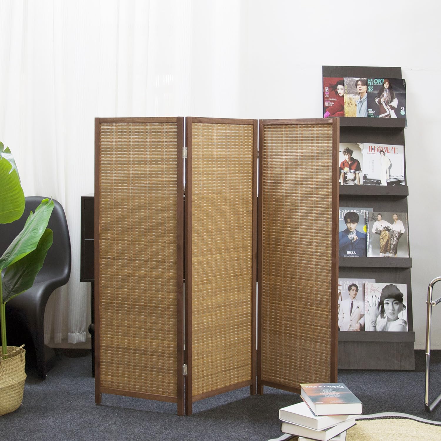 Furnnylane 3 Panel Short Room Divider Screen,Brown Freestanding Partition,Small Bamboo Panel Divider for Room Seperation,3.95 FT Tall