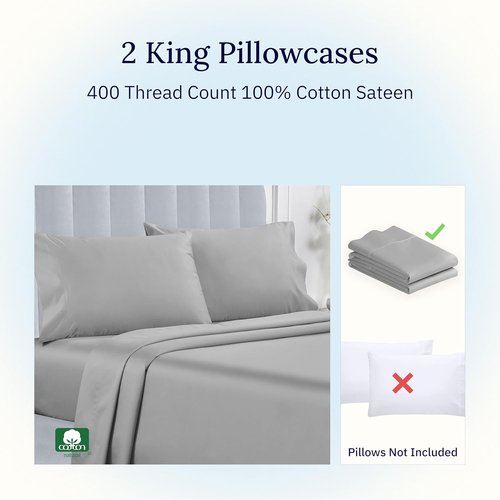 California Design Den King Size Pillowcase Set - 400 Thread Count 100% Cotton Sateen | Soft Breathable Light Grey - Set of 2