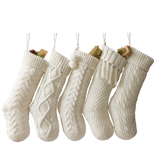Farmhouse Knitted Personalized Christmas Stockings: 5 Pack 18 Inch Rustic Cable Knit Fireplace Cozy Hanging Xmas Stockings Boho Style Stocking Decorations for Family Holiday Décor, White Beige