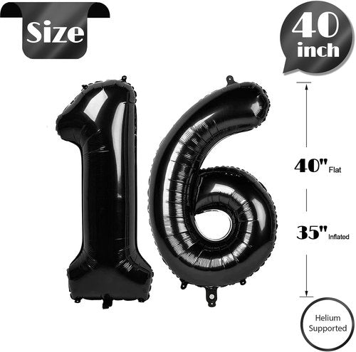 Black Number 16 Balloon - 40 Inch Giant Foil Balloon for 16th Birthday Party Decorations