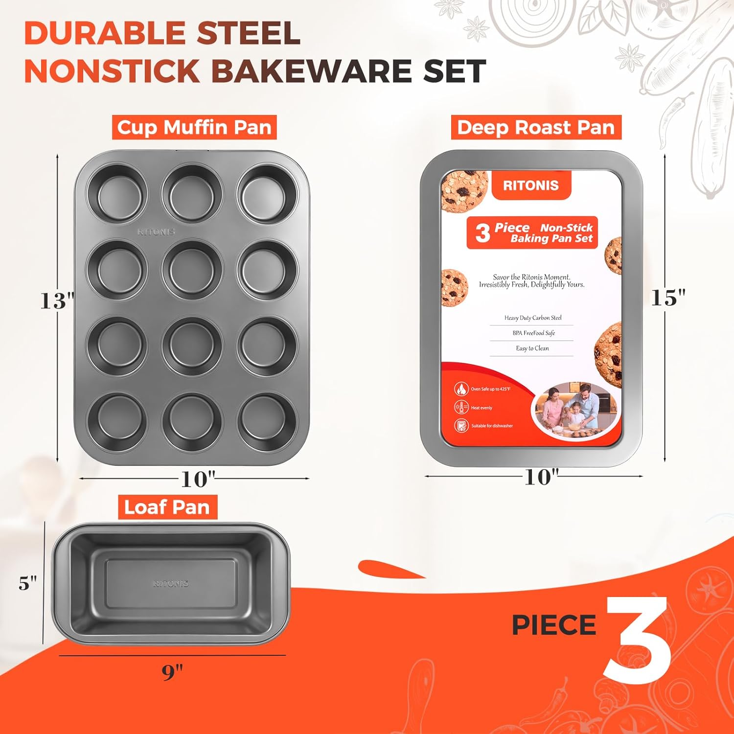 Skiennix 3-Piece Baking Pan Set - Nonstick, Stackable & Non-Toxic Oven Bakeware | Includes Cookie Sheet, Muffin Pan & Loaf Pan