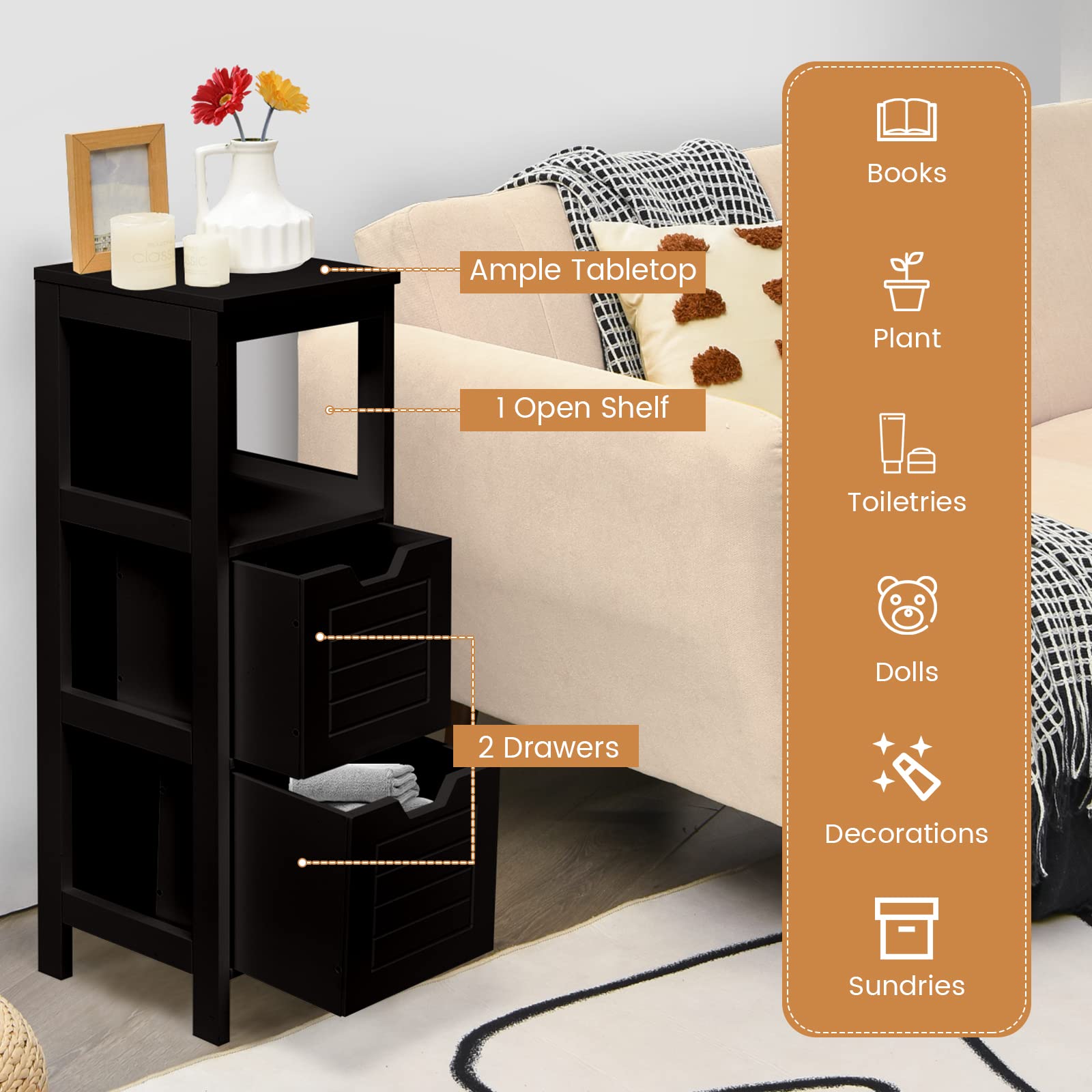 COSTWAY Bathroom Storage Cabinet, Freestanding Wooden Side Storage Cabinet with 2 Adjustable Drawers, Space-Saving Floor Cabinet for Living Room Bathroom Bedroom Entryway (Black)