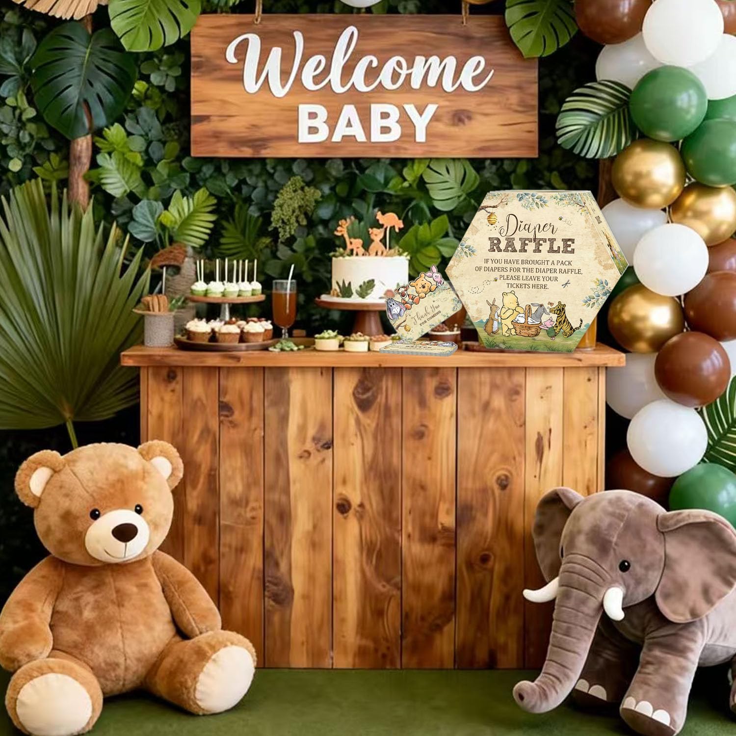 Winnie Baby Shower Diaper Raffle Hexagonal Box, 50 Bear Diaper Raffle Tickets with Box, Classic Baby Shower Game for Girls Boys, Pooh Baby Shower Party Centerpiece, Newborn Party Decoration Supplies