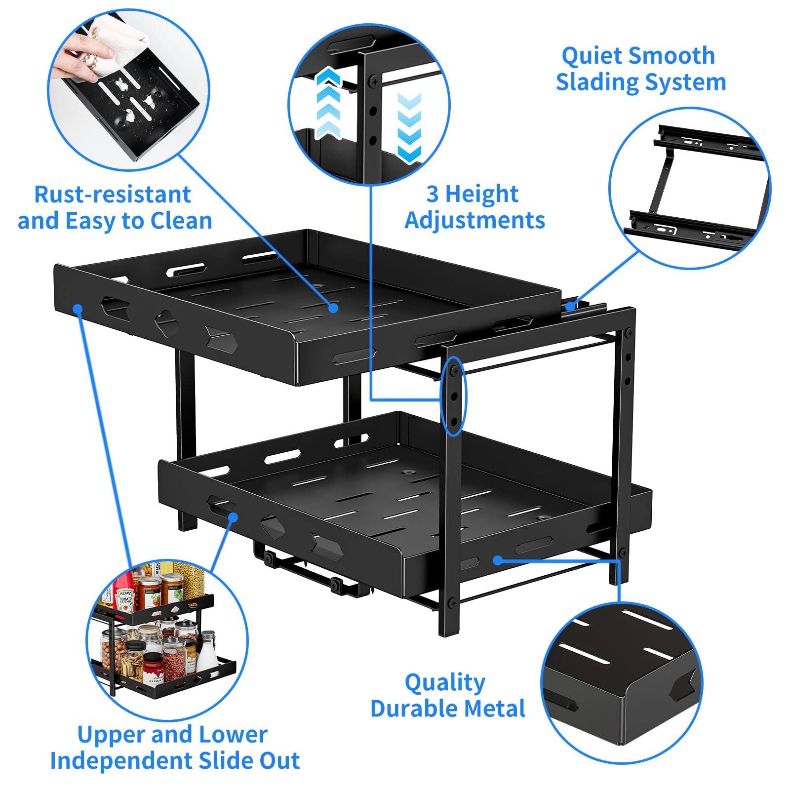 BOIVSHI Spice Organization for Cabinet, 2-Tier Cabinet Spice Rack, Height Adjustable Vertical Spice Rack Pull Out for Kitchen, Cabinet, Pantry (14.1''Wx10.8''Dx9.2''H, Metal Black)