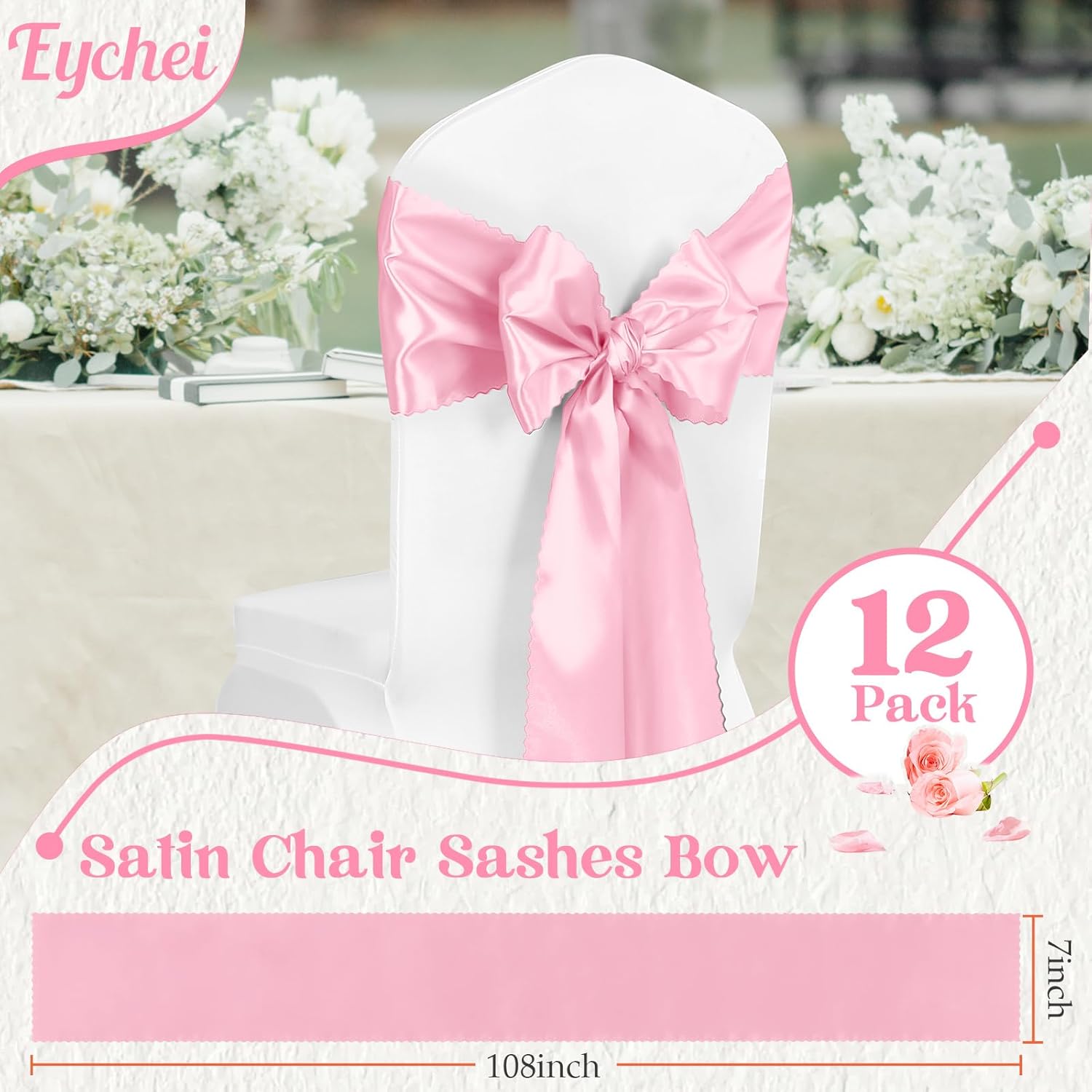 Skiennix Pink Satin Chair Sashes - 12 Pcs 7x108 Inch Silky Bow Ties for Weddings & Events