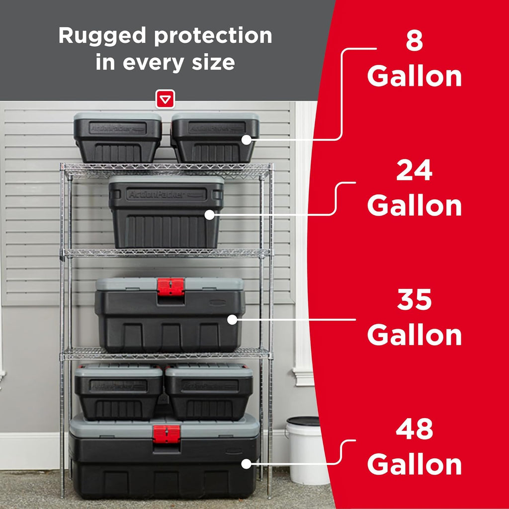 Rubbermaid ActionPacker 35 Gallon Storage Bin - Lockable, Durable Plastic with Wheels for Outdoor Gear | Gray & Black