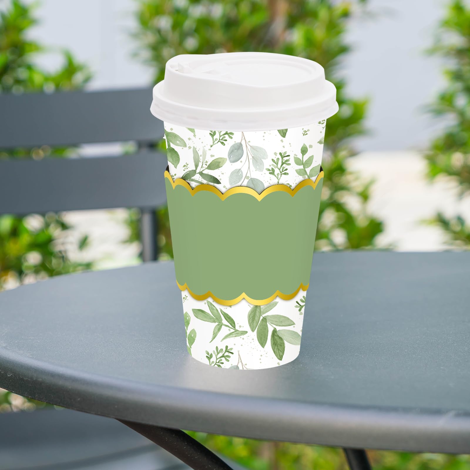 JarThenaAMCS 50 Pcs Greenery Coffee Cups with Lids Sleeves 16 Oz Green Eucalyptus Leaves Paper Cups Disposable To Go Coffee Cup for Wedding Cafes Shops Cappuccino Chocolate Beverage Cocoa