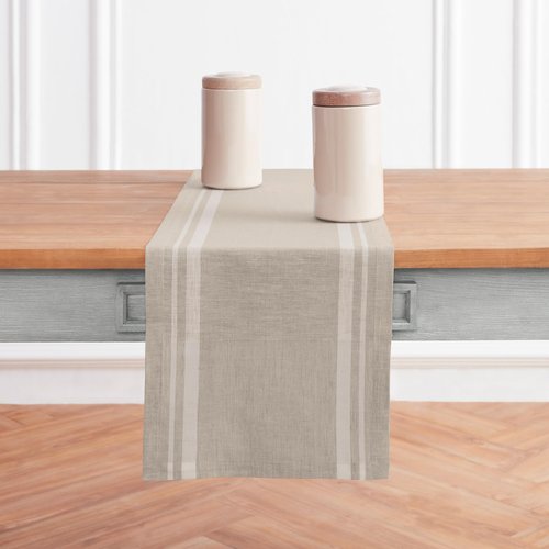 Solino Home Linen Table Runner 144 Inches Long - 100% Pure Linen White and Natural French Stripe Table Runner 14 x 144 Inch for Dining, Spring, Easter