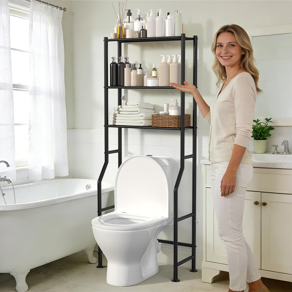 ASCENREST 3-Tier Over The Toilet Storage, Freestanding Metal Bathroom Shelves, Space Saver Above The Over Toilet Storage Shelf for Bathroom (Black)