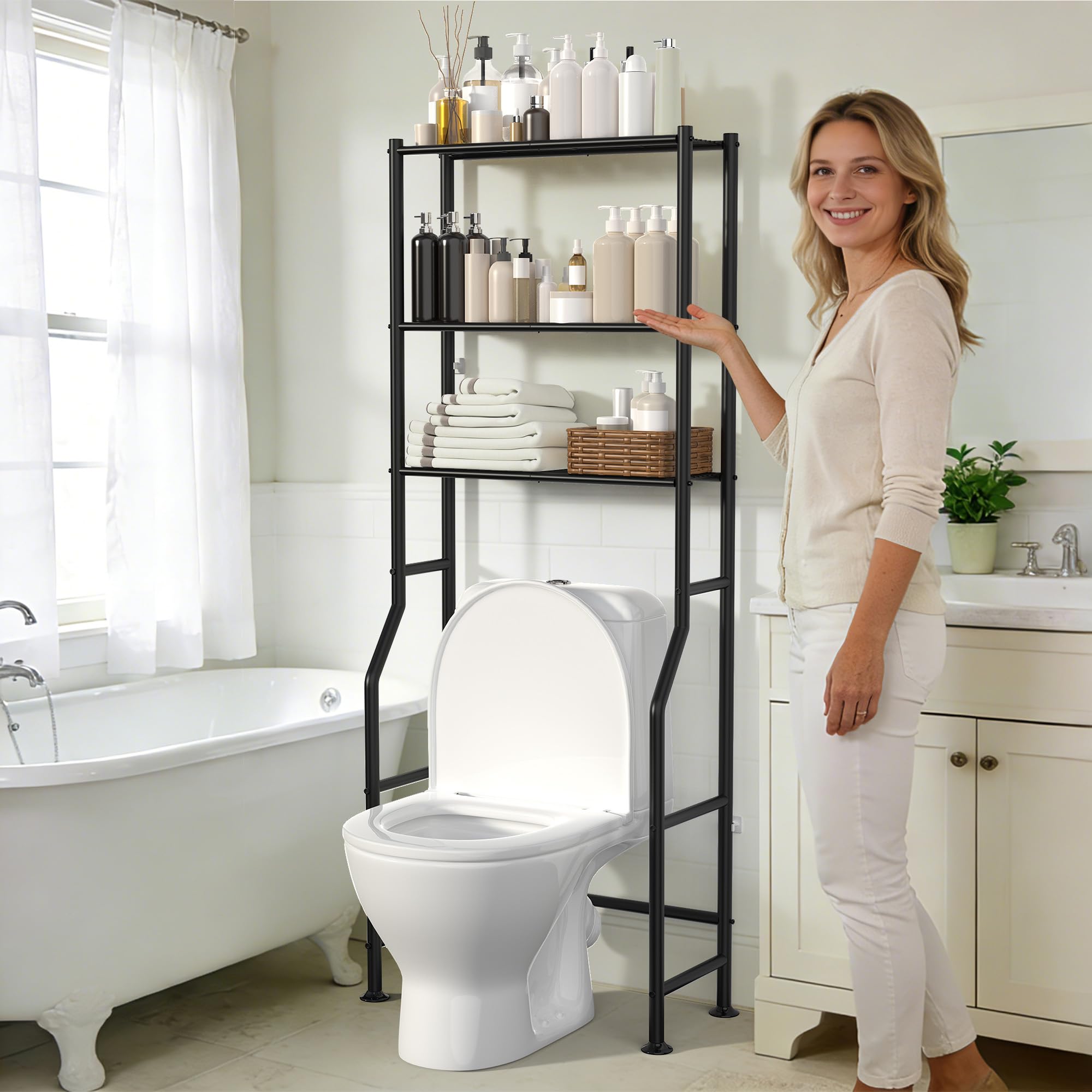 ASCENREST 3-Tier Over The Toilet Storage, Freestanding Metal Bathroom Shelves, Space Saver Above The Over Toilet Storage Shelf for Bathroom (Black)