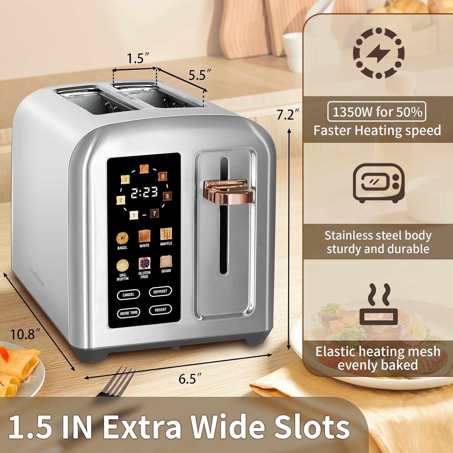 SEEDEEM 2-Slice Toaster - Full Touch Control, LCD Display, 50% Faster Heating, 7 Shade Settings, Silver Metallic