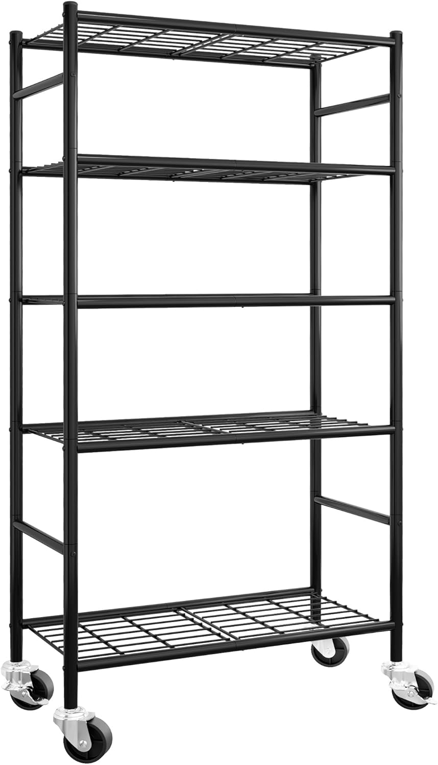 Sakugi 5-Tier Metal Storage Shelves Organizer - Heavy-Duty Rolling Shelf for Kitchen, Pantry & Closet | 33.1"x12.6"x73.5", Black