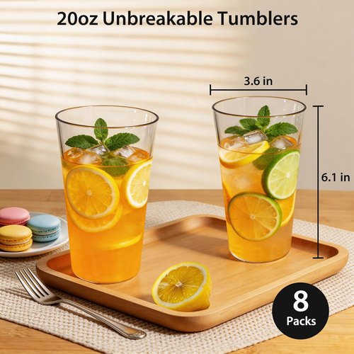 Freshmage Unbreakable Drinking Glasses - 20oz BPA-Free, Shatter-Proof, Stackable Tumblers | Set of 8 for Home & Outdoor Use