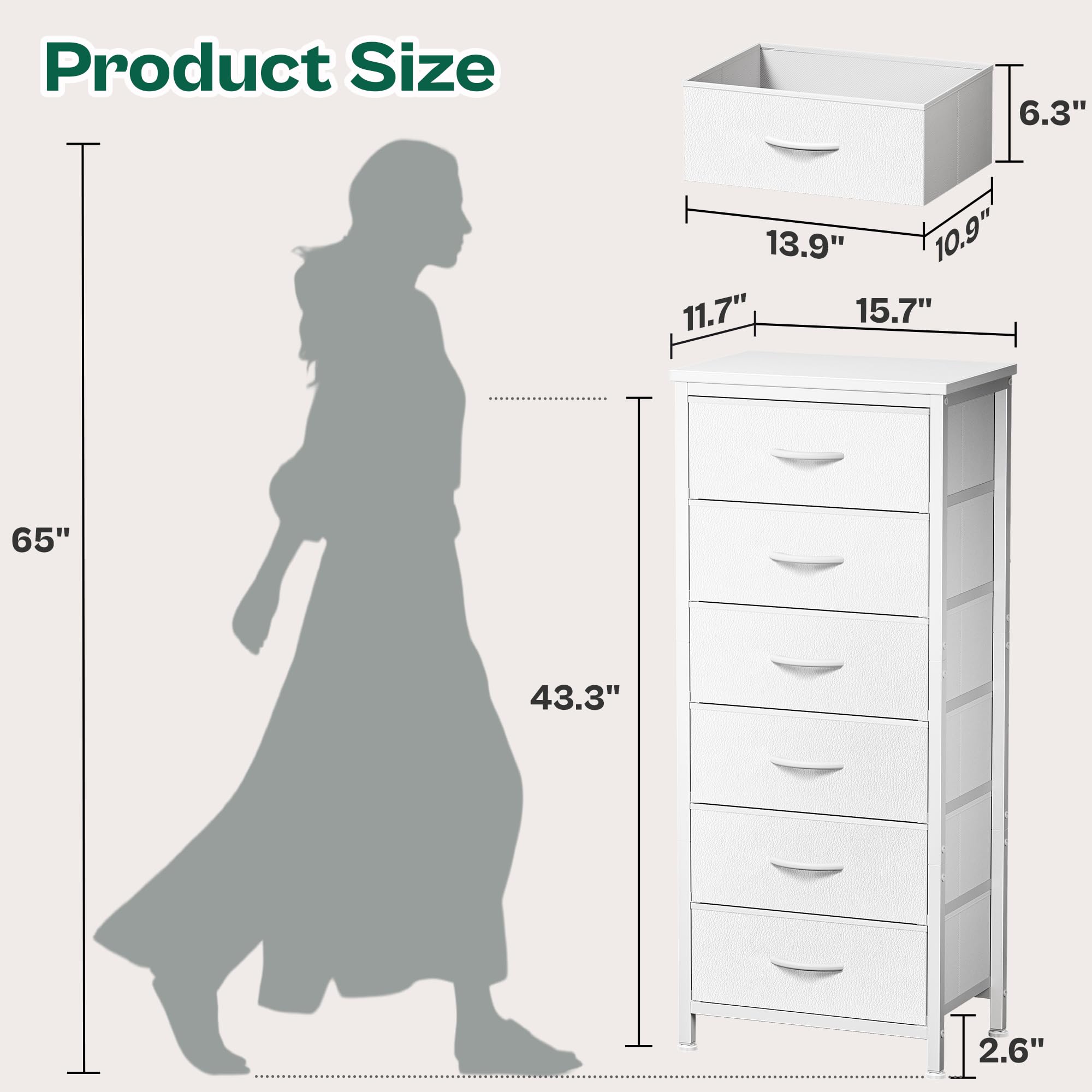 Huuger Tall Dresser for Bedroom, Stable 6 Drawer Dresser with Anti-Tip Device, PU Leather & Fabric Drawers, Tall Nightstand for Closet, Nursery, Storage Tower for College Dorm High Beds, White