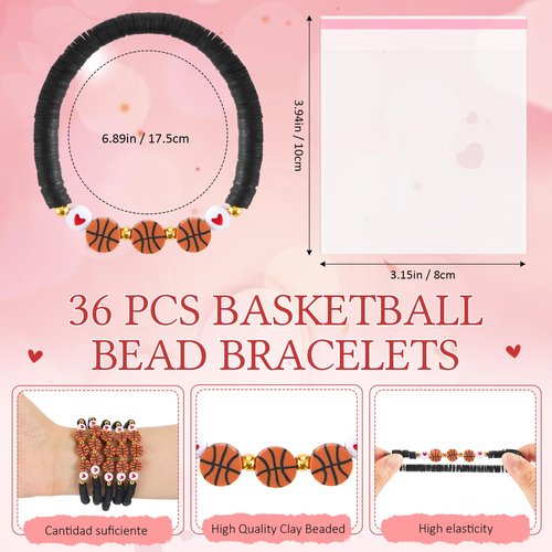 Hinly 36 Set Valentine's Day Basketball Gift for Team Basketball Bead Bracelets with Valentine's Day Cards Novelty Exchange Gifts Sports Party Favors for Team Lovers Players
