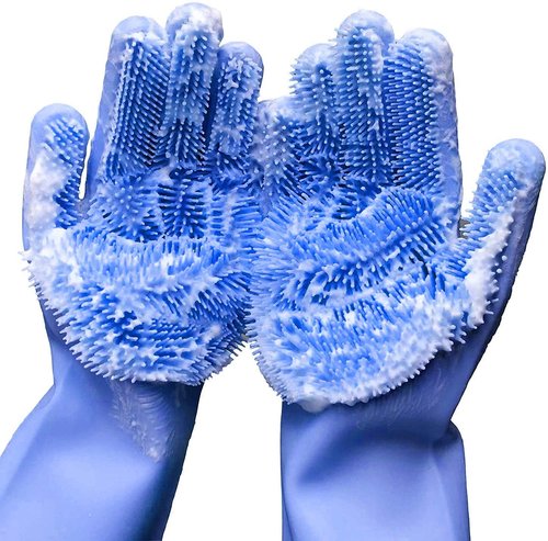 Yinceber Silicone Dishwashing Gloves, Pet Grooming Rubber Scrubbing Gloves for Dishes,Sponge Wash Cleaning Glove with Scrubbers for Housework, Bathroom, Kitchen, Car, Pets. 1Pair (13.6" Large)
