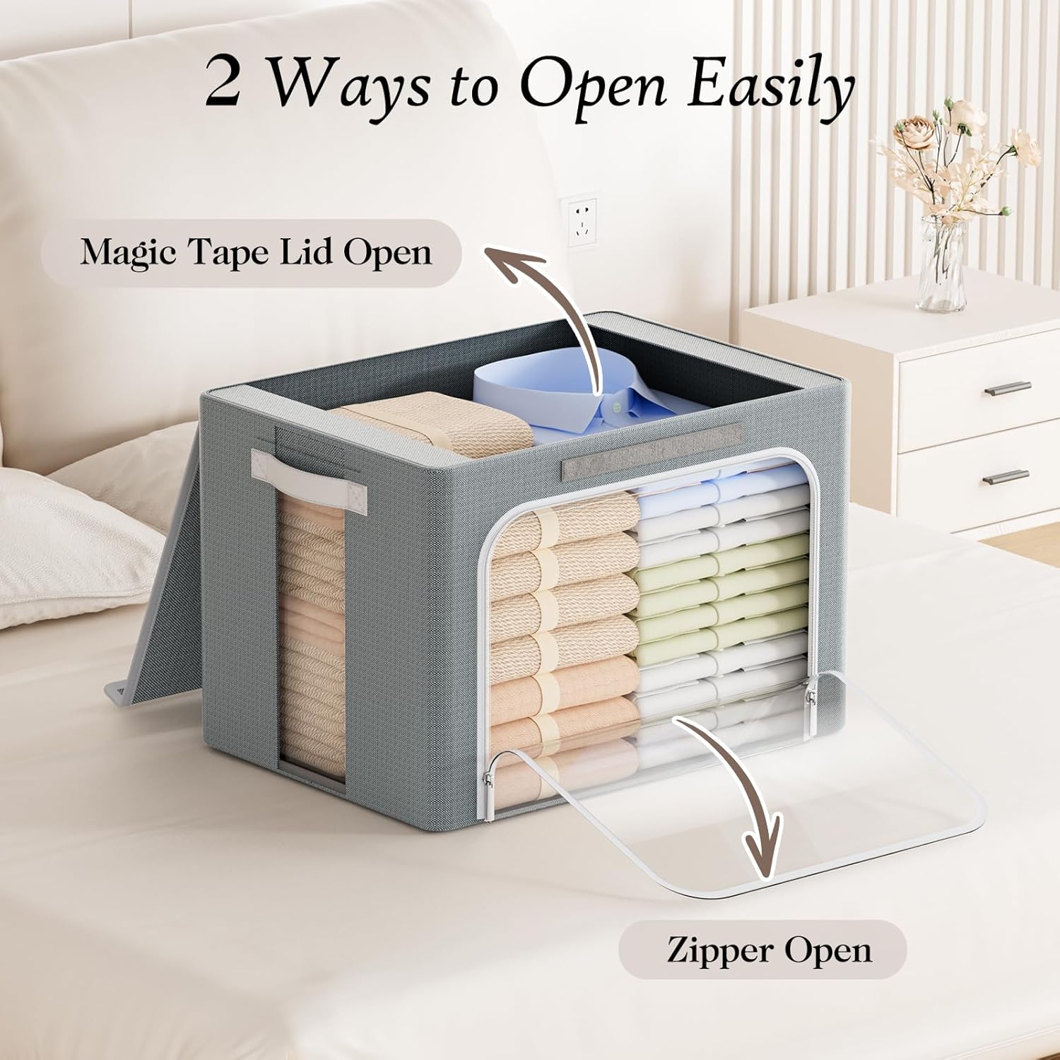 Yecaye Clothes Storage Bins - 40L Foldable Organizer with Metal Frame & Clear Window | Stackable Zippered Bags