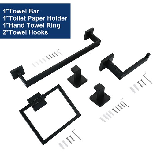 5 Pieces Bathroom Hardware Accessories Set Matte Black, 16Inch Square Towel Racks Set for Bathroom, SUS304 Stainless Steel Towel Bar Set, Bath Accessories Sets Wall Mounted